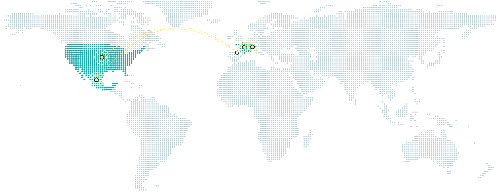 Mapa del mundo con España y los cuatro países donde Global Elektron ha montado maquinaria: Francia, México, Suiza y EE. UU.