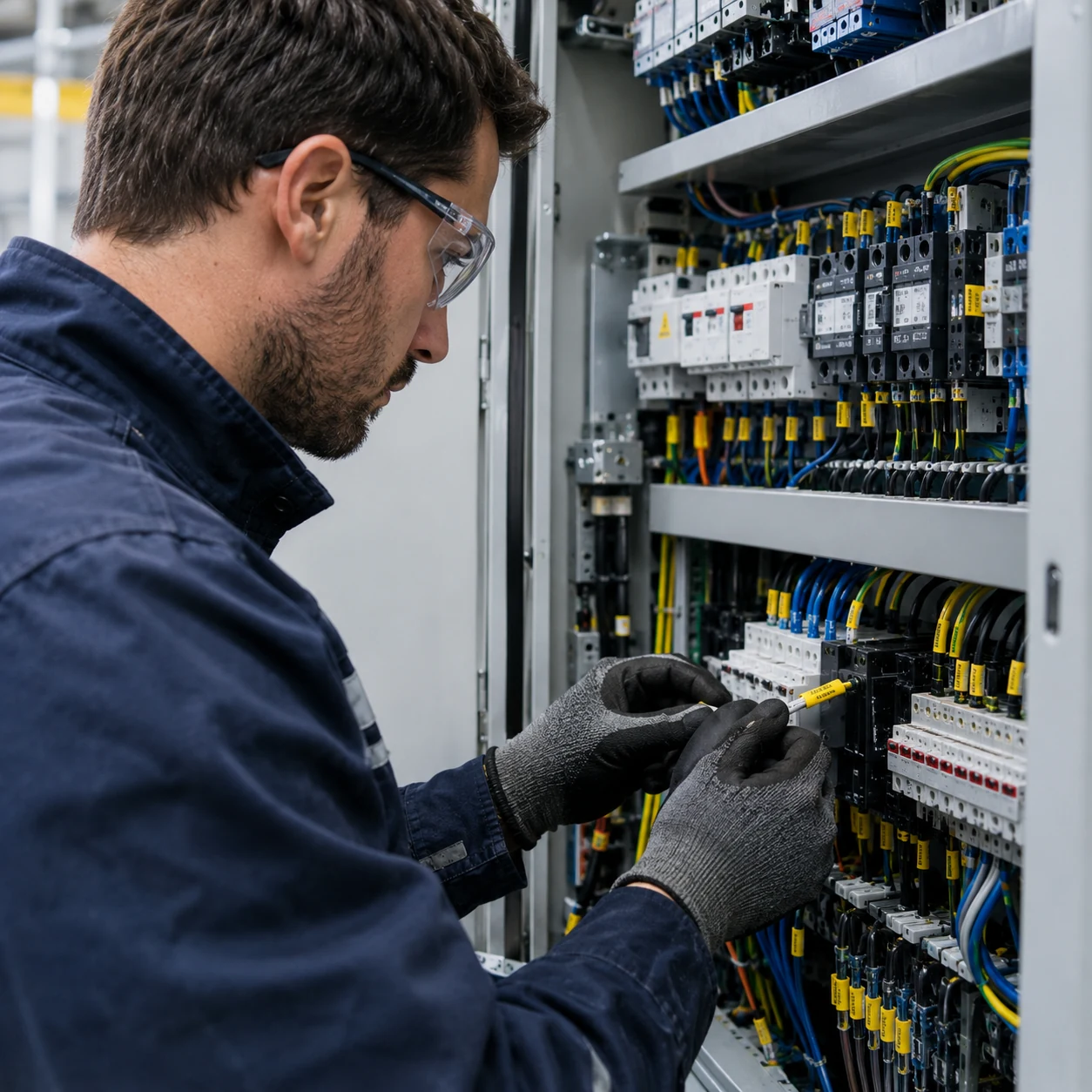Revisión de cables etiquetados en armario eléctrico Técnico con gafas y guantes revisa cables etiquetados en un armario eléctrico industrial