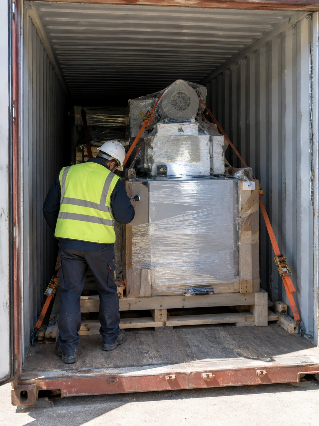 Revisión de maquinaria embalada en contenedor Técnico con casco y chaleco revisa las sujeciones de una máquina industrial embalada dentro de un contenedor marítimo