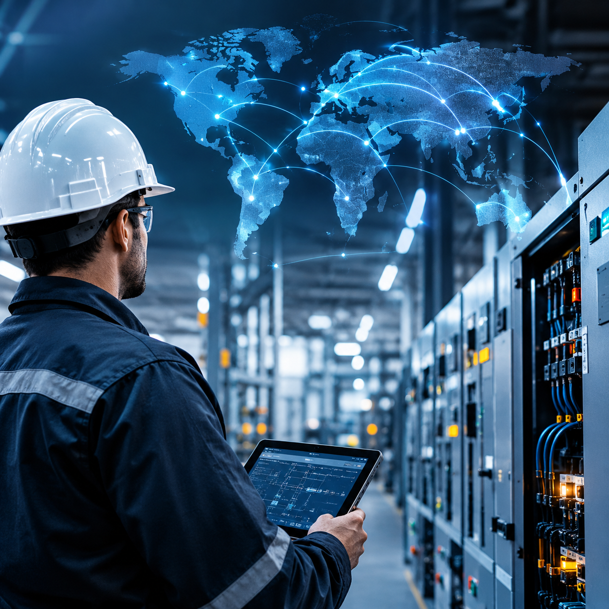 Técnico con casco y tableta ante cuadros eléctricos y un mapa digital de conexiones internacionales Técnico con casco y tableta ante cuadros eléctricos y un mapa digital de conexiones internacionales