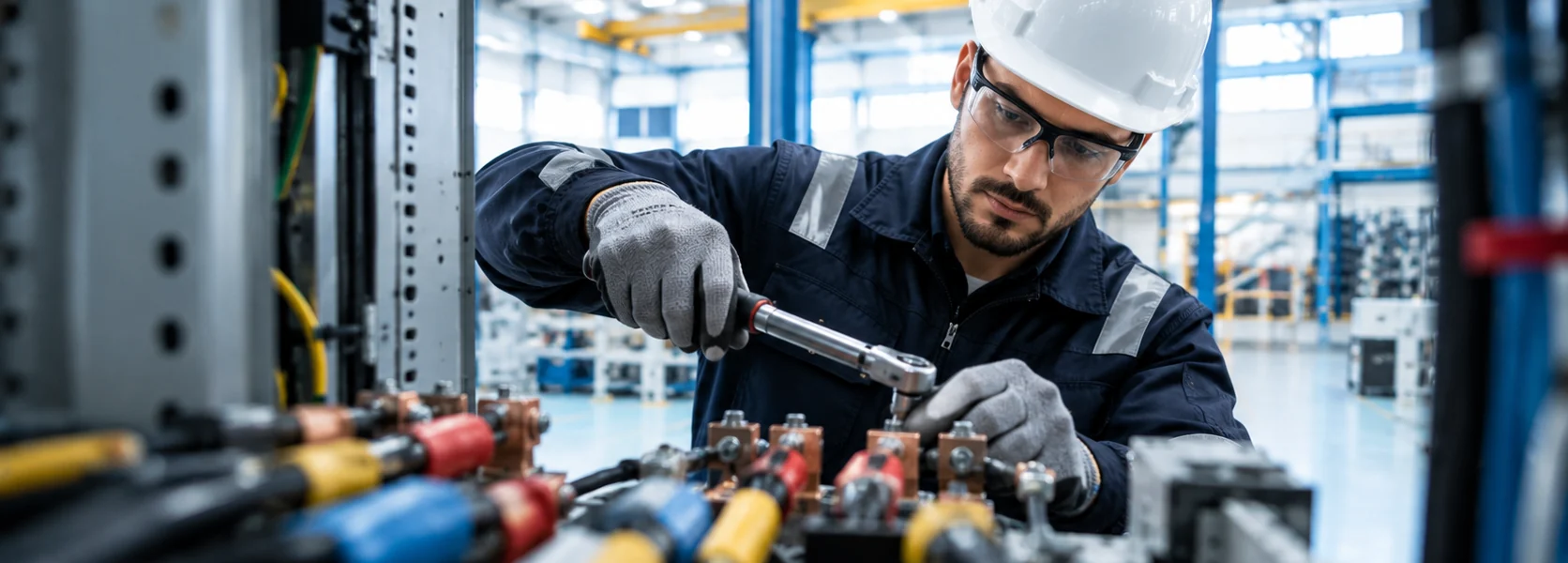 Técnico con casco y gafas aprieta con una llave dinamométrica las conexiones de un cuadro eléctrico industrial
