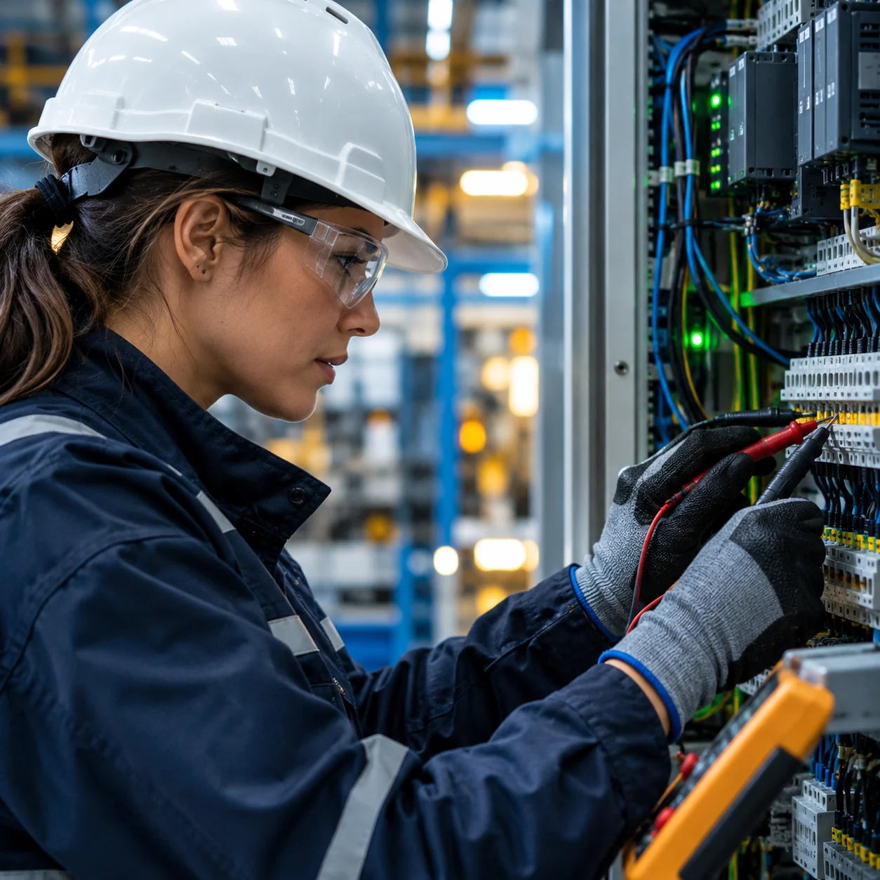 Medición eléctrica en armario de control industrial Técnica electricista con casco y gafas mide con un multímetro los bornes de un armario de control industrial